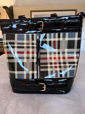 Source Unknown Black Patent Plaid Tote with Red and Cream Accents never used
